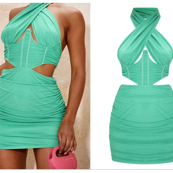 Green Mesh Halterneck Underbust Detail Cut Out Ruched Bodycon Dress - Picture 2 of 3